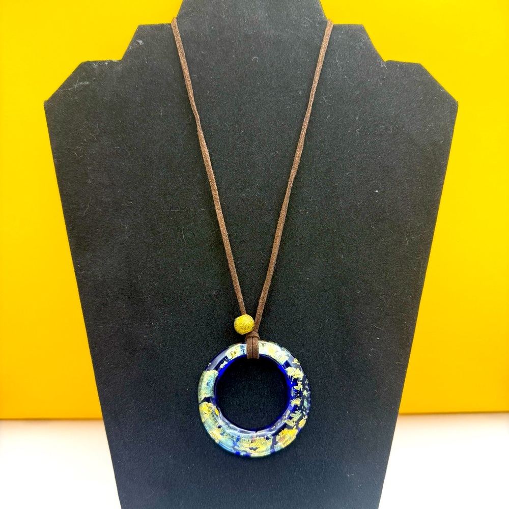 Murano Glass Blue Gold Tone Pendant Necklace 18”